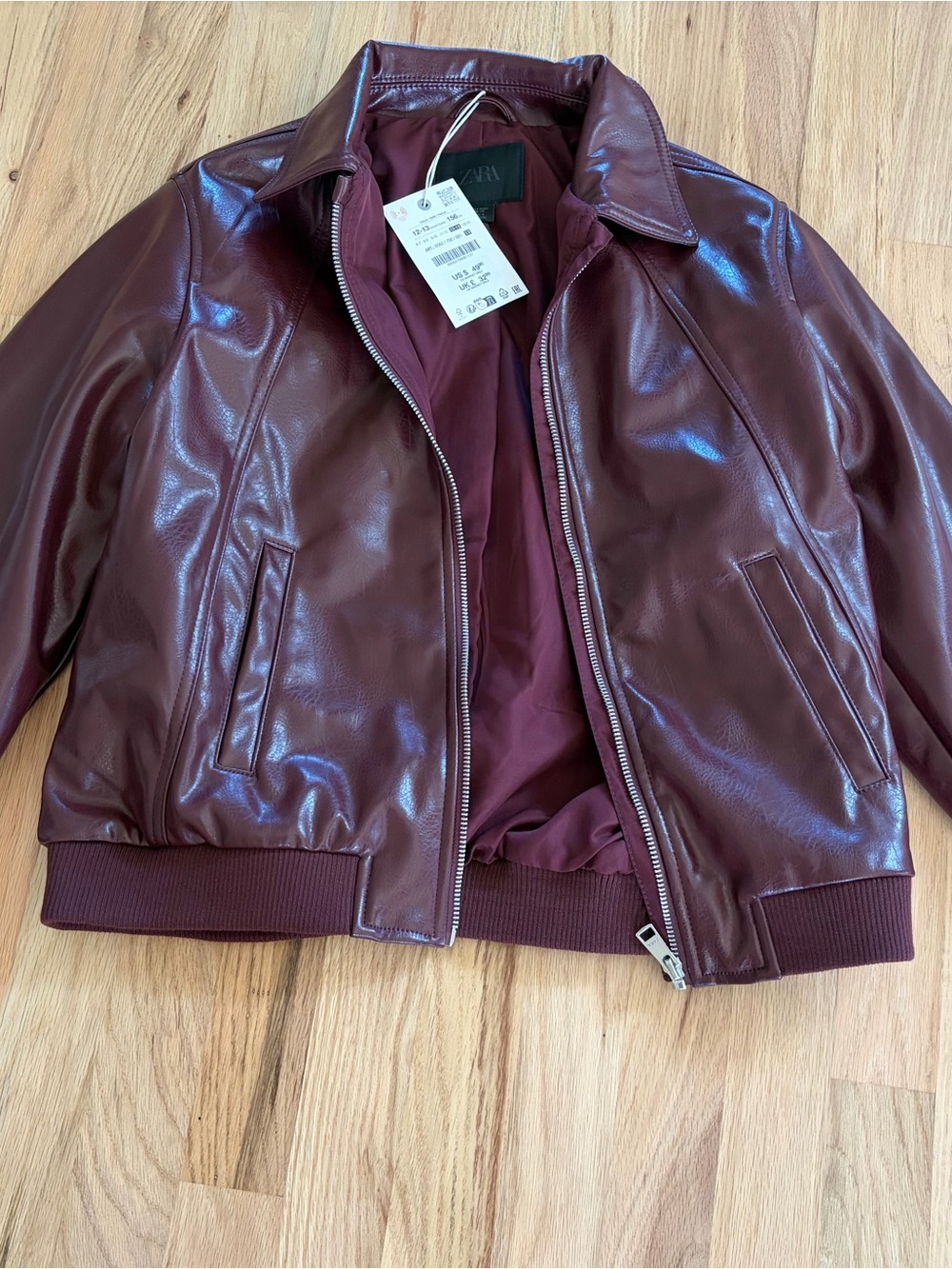 Zara Women's Faux Leather Bomber Jacket - Burgundy